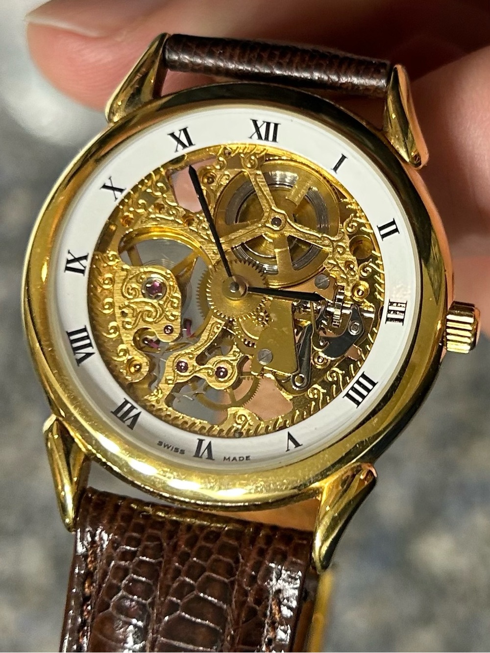 Hamilton Gold Skeleton Mechanical Watch with Brown Leather Strap